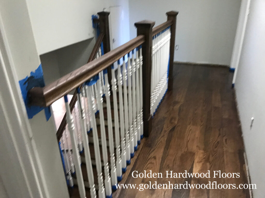Unfinished White Oak 3/4"x5" hardwood flooring, hardwood stairs installations, sanding, staining Medium Brown, finishing with Dura Seal Semi-Gloss Polyurethane by Golden Hardwood Floors, in Palo Alto, CA. Free Quote.
