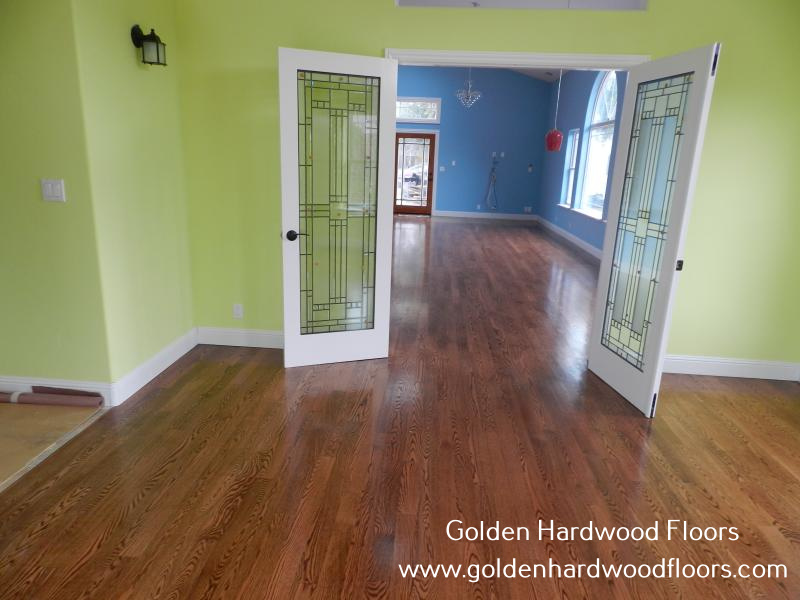 Unfinished Solid Red Oak 3/4"x3 1/4" hardwood flooring installation, sanding, staining Medium Brown, Finishing with Dura Seal Semi-Gloss Polyurethane by Golden Hardwood Floors, in Cupertino, CA. Free Quote.